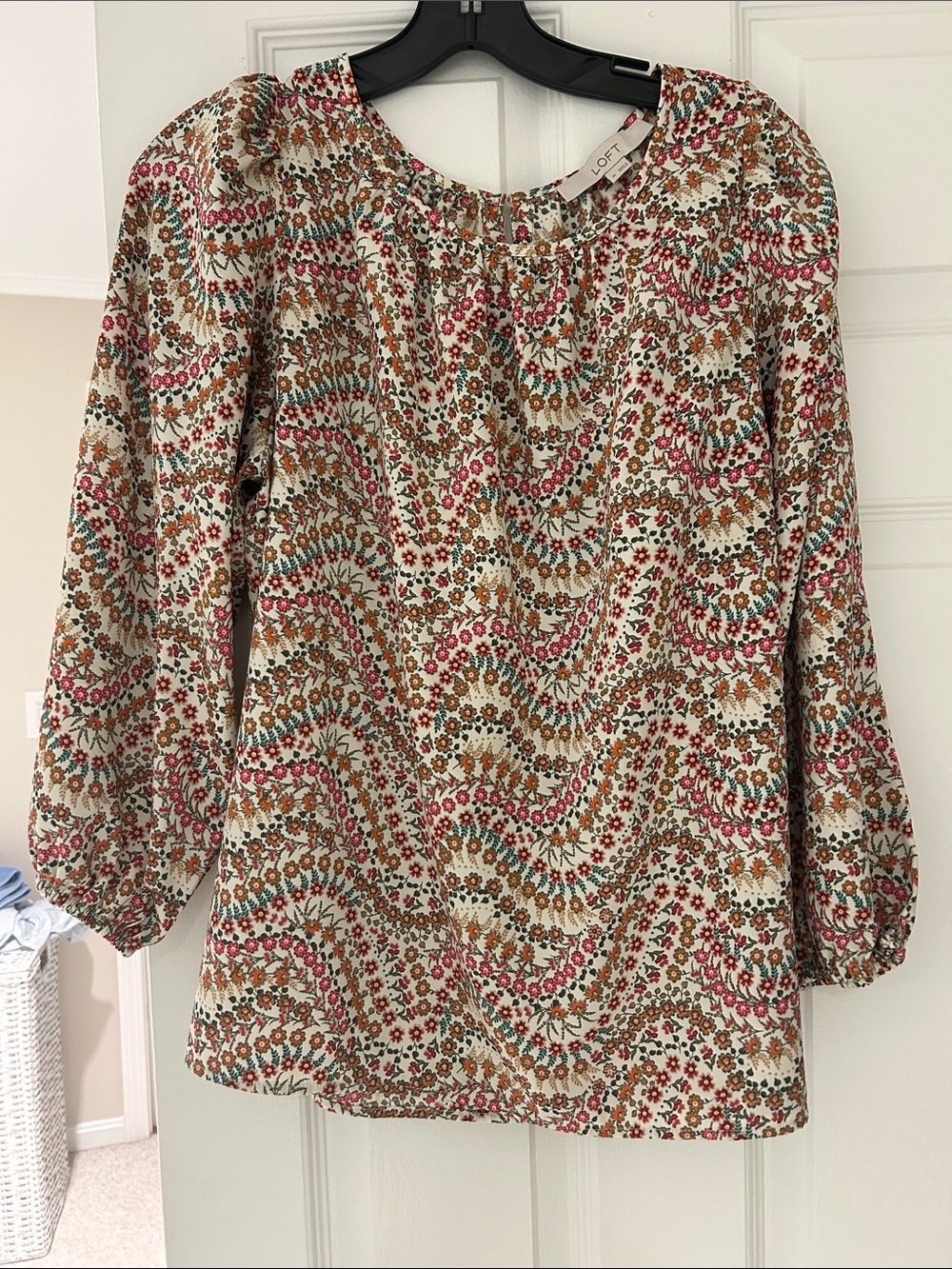 LOFT Cream Floral Peasant Blouse with Pink and Brown Accents